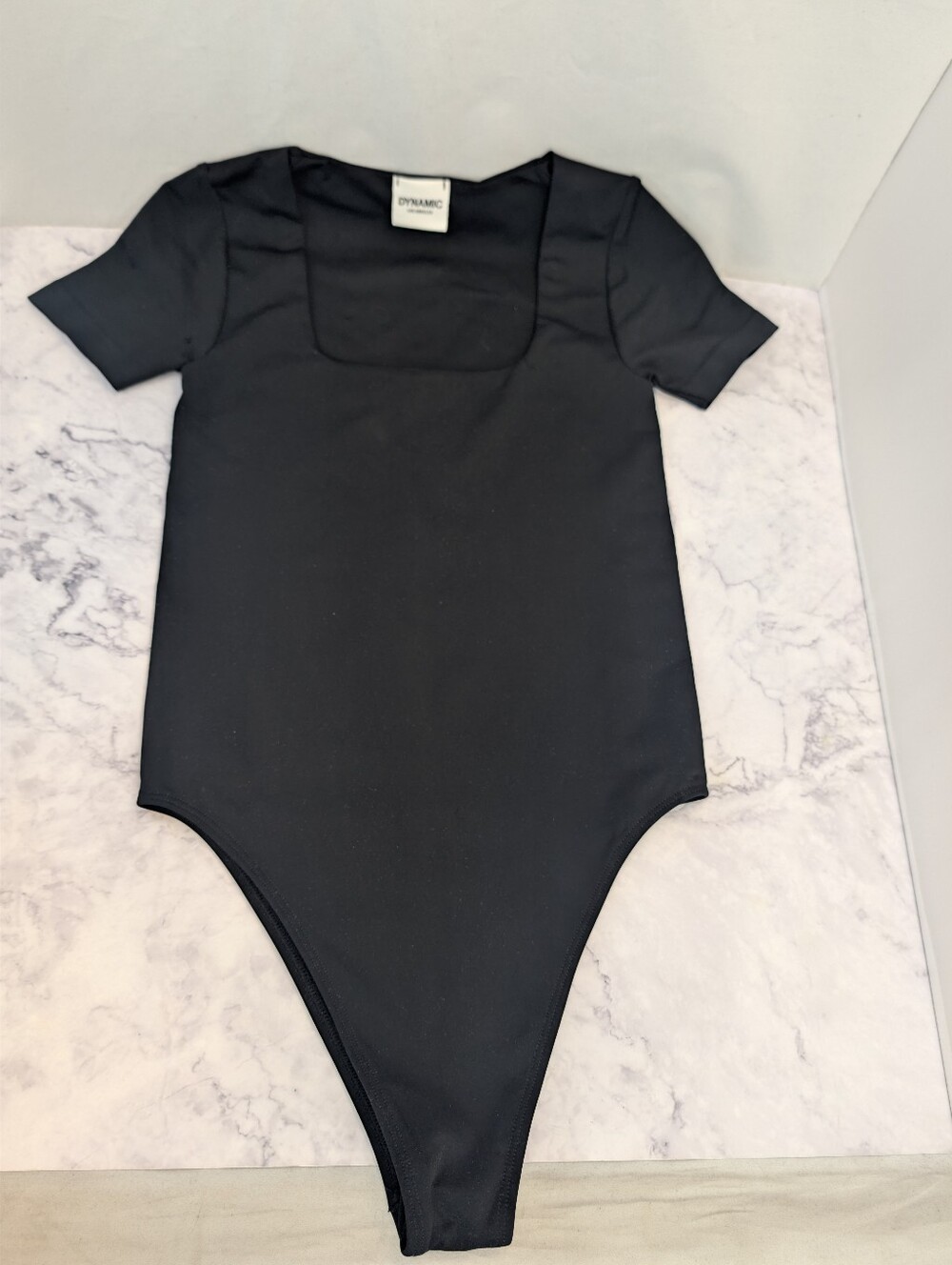 Dynamic Square Neck Short Sleeve Double Lined Bodysuit Size Small Black